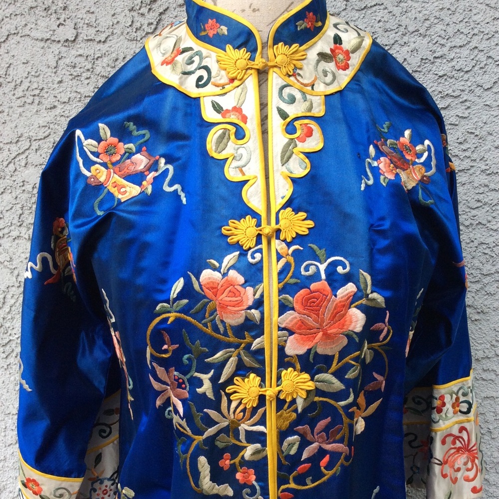 Vintage Esme Chinese Floral Embroidered Royal Blue Kimono Dress Robe Long Coat - Picture 3 of 8
